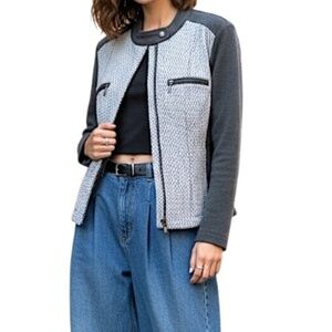 OLSEN fitted grey white geometric knit moto biker style stretch jacket 8 S/M